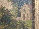 a picture of a painting of a house in the woods