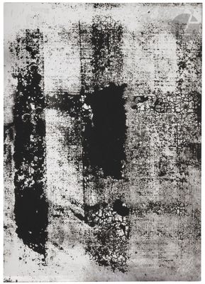 a black and white photo of a painting of a cross on a wall