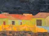 an oil painting of a yellow house with a yellow tarp on the roof