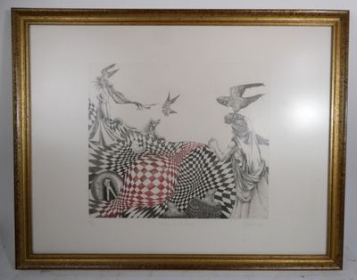 dessin encadré d'oiseaux volant au-dessus d'un ballon à carreaux rouges et blancs