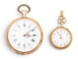 deux montres de poche en or avec chiffres romains et chiffres romains