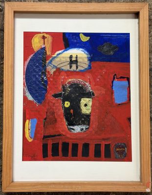 framed painting of a painting of a cat and a dog on a red table