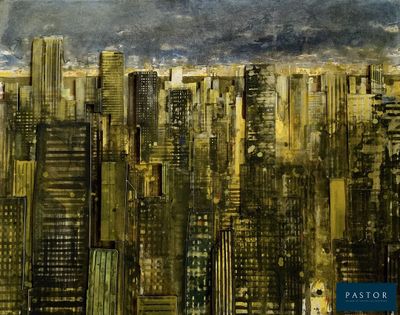 a painting of a cityscape with a plane flying over it