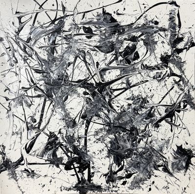 black and white painting of a bunch of paint splatters on a white surface