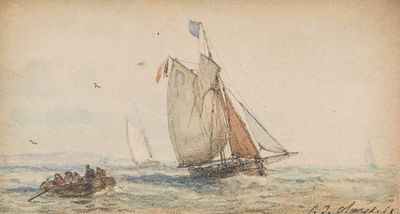 a drawing of a boat in the water with people on it
