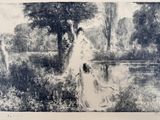 dessin représentant une femme en robe blanche assise sur un banc