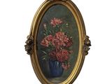 peinture représentant des fleurs dans un vase bleu sur fond vert
