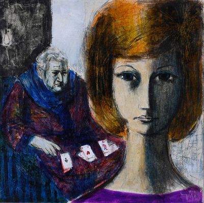 an image of a painting of a woman playing cards with an old man