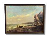 une peinture à l'huile représentant une scène de plage avec un bateau sur l'eau