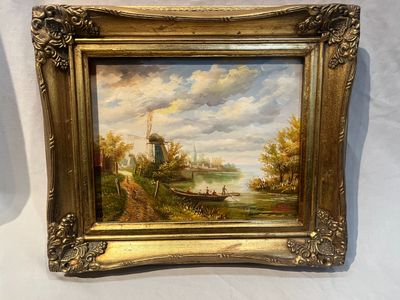 une peinture à l'huile représentant un bateau sur une rivière avec un moulin à vent en arrière-plan