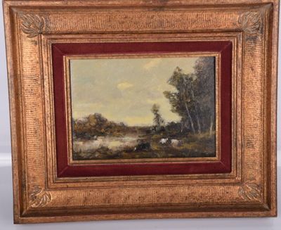 une peinture à l'huile représentant un paysage avec des vaches qui paissent dans un champ