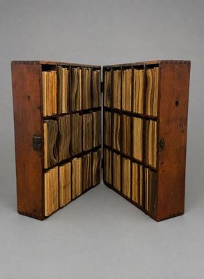 deux bibliothèques ouvertes en bois, remplies de livres, posées sur un plan de travail gris