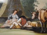 a painting of a woman and a cow in a field