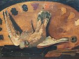 an image of a painting of a bird with a palette on a table