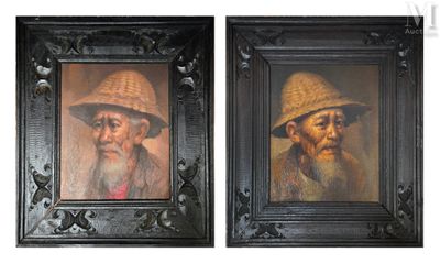 tableau représentant deux vieillards coiffés de chapeaux et portant la barbe, dans un cadre noir