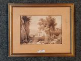une photo d'un tableau représentant un paysage avec des arbres et des rochers