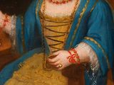 painting of a little girl in a blue dress holding a glass of wine