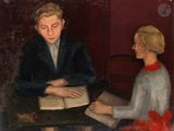 une peinture représentant un homme et une femme assis à une table