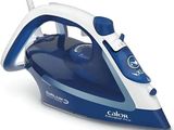 an image of a blue and white steam iron on a white surface