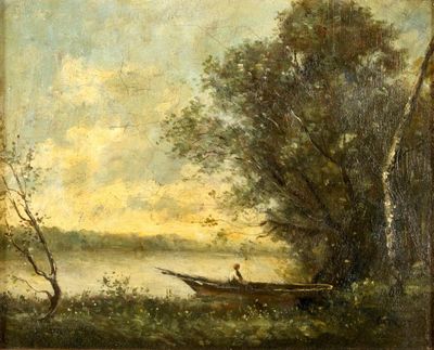 une peinture représentant un homme dans un bateau sur l'eau