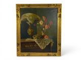 painting of a vase with flowers and a bird on a table