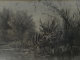 a picture of a painting of a river with trees in the background