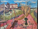 un tableau représentant un bateau dans un port, avec un bâtiment en arrière-plan