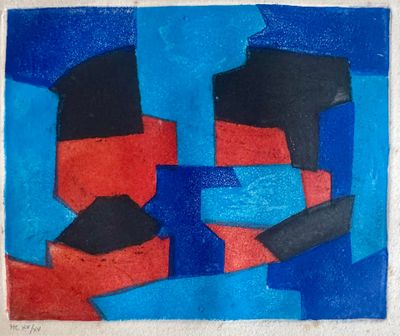 une image représentant un tableau abstrait bleu et rouge