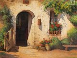 tableau représentant une vieille maison avec des plantes en pot et une porte en bois