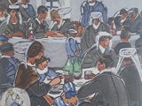 a painting of a group of people sitting around a table