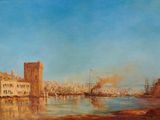 tableau représentant une vue d'une ville avec une rivière et un château