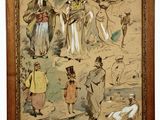 painting of a group of people standing in a field with a swan