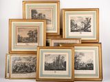 six reproductions encadrées représentant un paysage avec des personnages dans un paysage