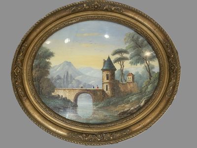 Ecole du XIXème siècle Paysage alpin au pont animé