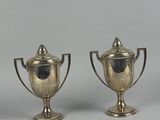 paire de vases plaqués argent sur socles, munis d'anses