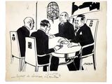 drawing of a group of men sitting at a table with a birdcage in the background