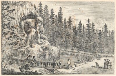 un vieux dessin représentant un homme assis sur un rocher au milieu d'une forêt