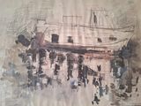 a painting of a boat that is sitting on the water