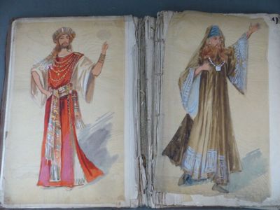 un vieux livre comportant deux illustrations représentant un homme et une femme vêtus de costumes médiévaux