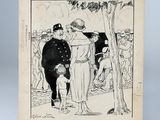 un vieux dessin en noir et blanc représentant un homme et une femme debout à côté d'une vache