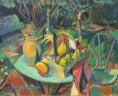 un tableau représentant une table sur laquelle se trouve un bol de fruits