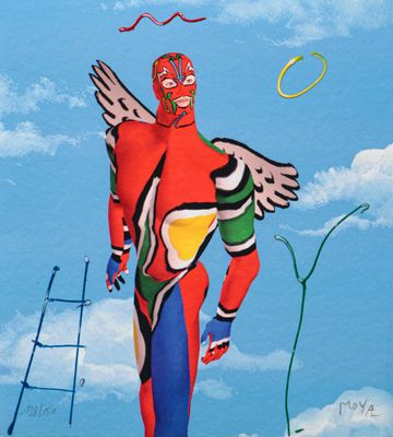 un tableau représentant un homme qui vole dans le ciel