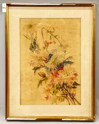 tableau représentant un bouquet de fleurs dans un cadre doré, posé sur un fond blanc