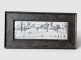 drawing of a snowy landscape with a barn and trees in the foreground