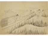 an old drawing of two women in a field with a fence in the foreground