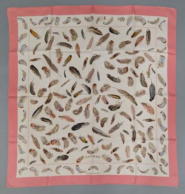 an image of a pink and white scarf with feathers on it