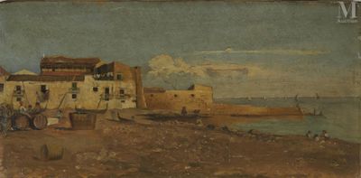 an image of a painting of a town by the water