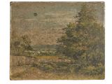 an image of a painting of a landscape with trees in the foreground