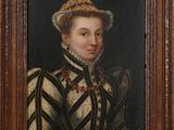 an old painting of a woman in a black and white dress