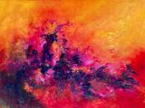 un tableau représentant un tableau rouge et jaune avec un arbre au milieu